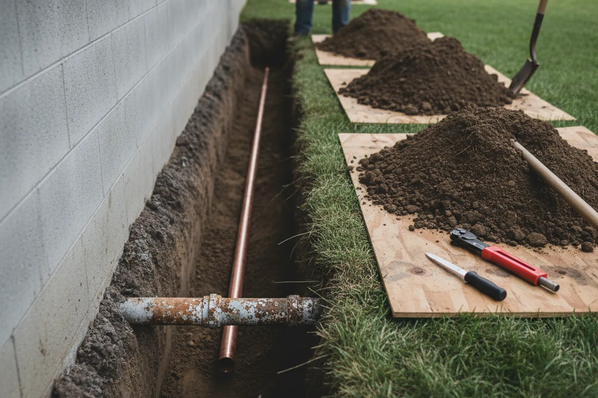 Excavated water line trench during Water Softener Installation in Lane City